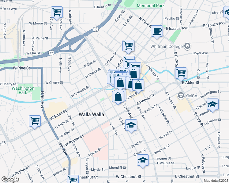 map of restaurants, bars, coffee shops, grocery stores, and more near 4 West Main Street in Walla Walla