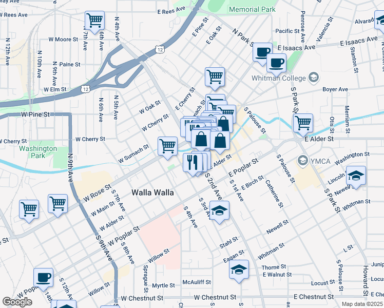 map of restaurants, bars, coffee shops, grocery stores, and more near 4 West Main Street in Walla Walla