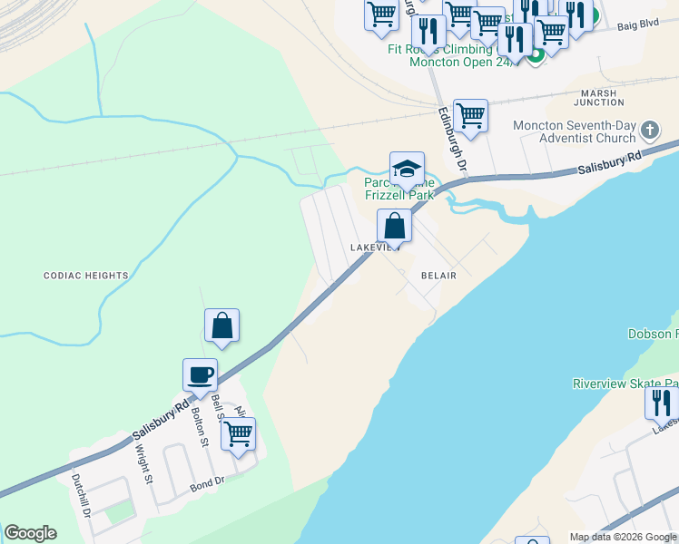 map of restaurants, bars, coffee shops, grocery stores, and more near in Moncton