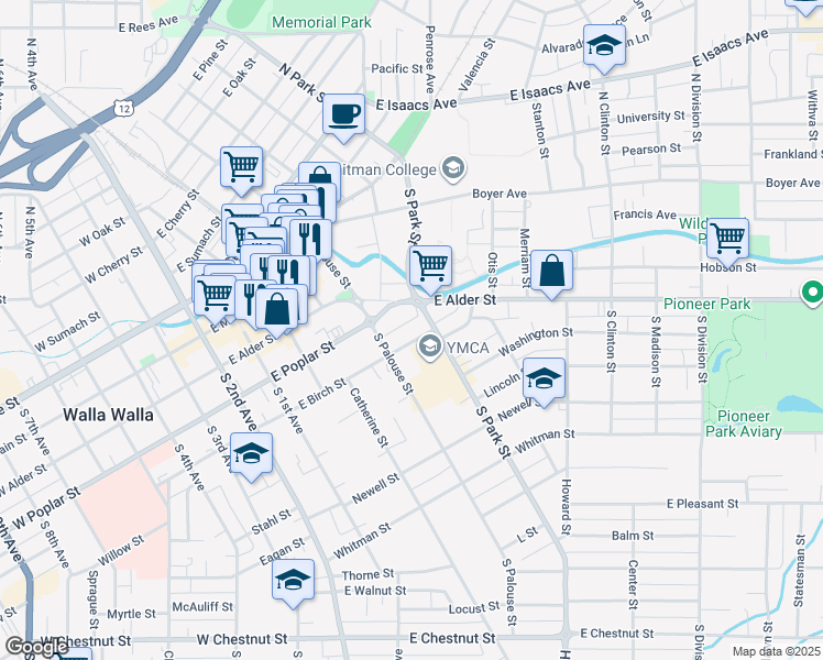 map of restaurants, bars, coffee shops, grocery stores, and more near 327 East Birch Street in Walla Walla
