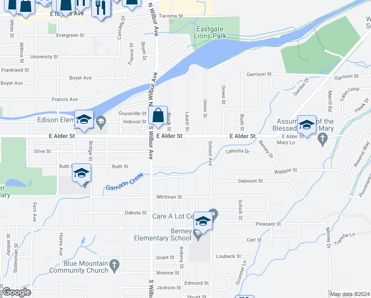 map of restaurants, bars, coffee shops, grocery stores, and more near 330 Kathleen Place in Walla Walla