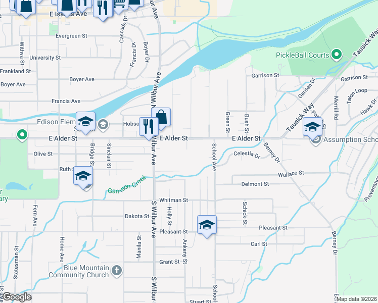 map of restaurants, bars, coffee shops, grocery stores, and more near 325 Kathleen Place in Walla Walla