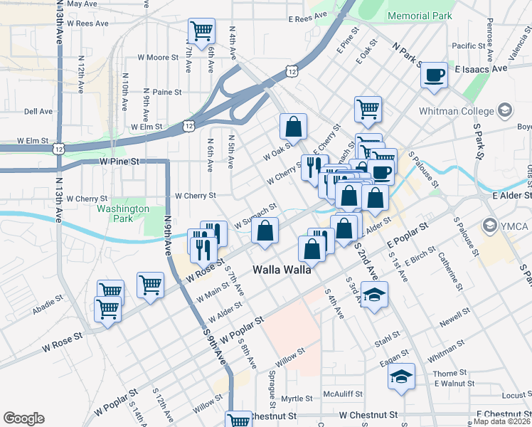 map of restaurants, bars, coffee shops, grocery stores, and more near 261 West Sumach Street in Walla Walla