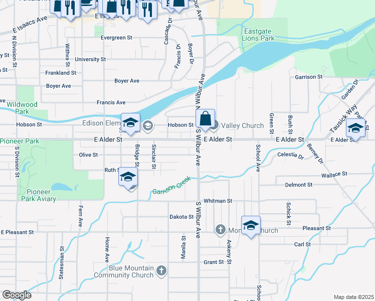 map of restaurants, bars, coffee shops, grocery stores, and more near 342 South Wilbur Avenue in Walla Walla