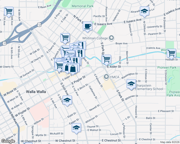 map of restaurants, bars, coffee shops, grocery stores, and more near 242 East Poplar Street in Walla Walla