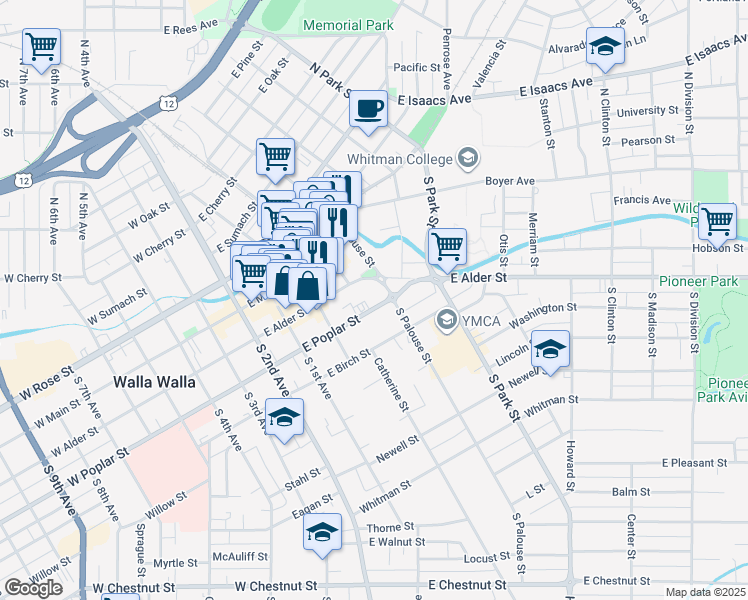 map of restaurants, bars, coffee shops, grocery stores, and more near 242 East Poplar Street in Walla Walla