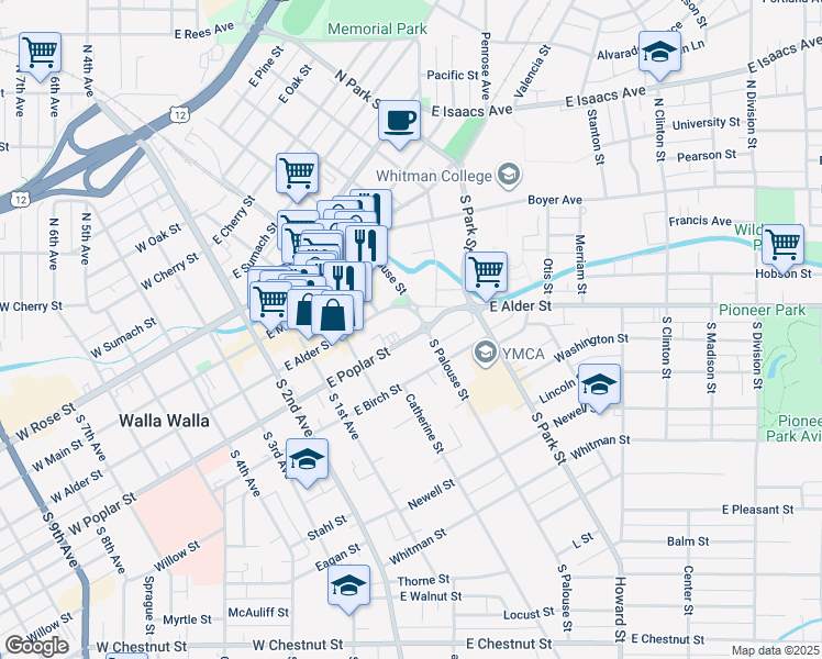 map of restaurants, bars, coffee shops, grocery stores, and more near 242 East Poplar Street in Walla Walla