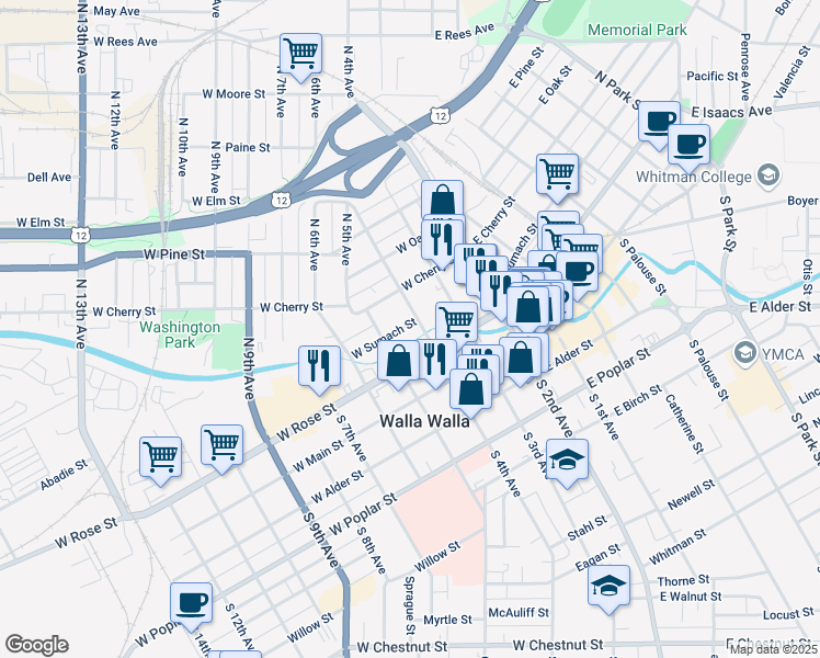 map of restaurants, bars, coffee shops, grocery stores, and more near 211 West Sumach Street in Walla Walla