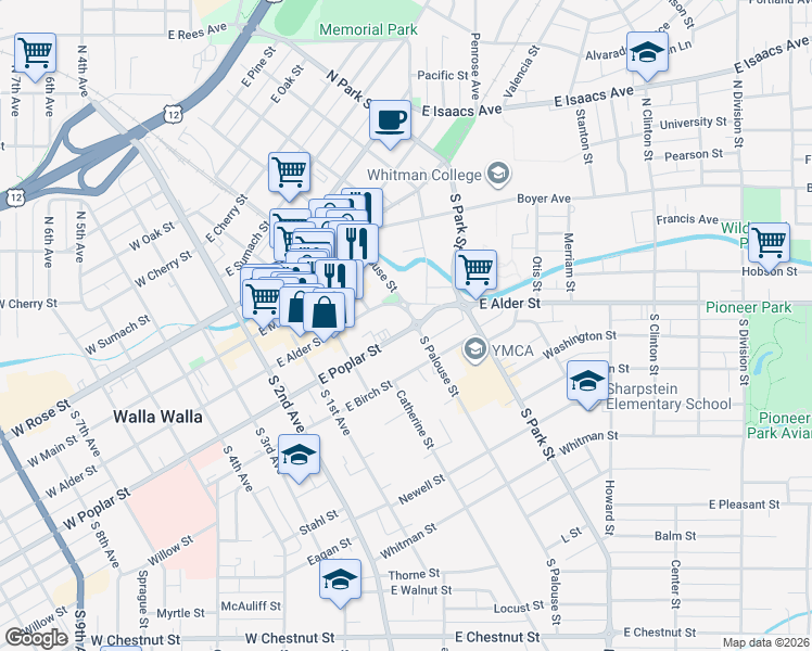 map of restaurants, bars, coffee shops, grocery stores, and more near 267 East Poplar Street in Walla Walla
