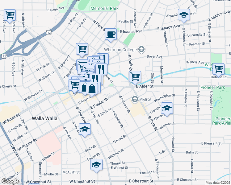 map of restaurants, bars, coffee shops, grocery stores, and more near 269 East Poplar Street in Walla Walla