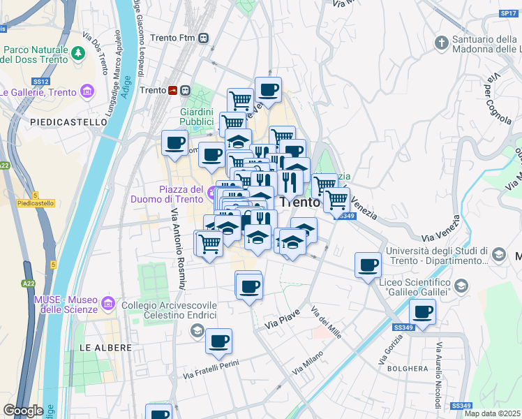 map of restaurants, bars, coffee shops, grocery stores, and more near Via Calepina in Trento