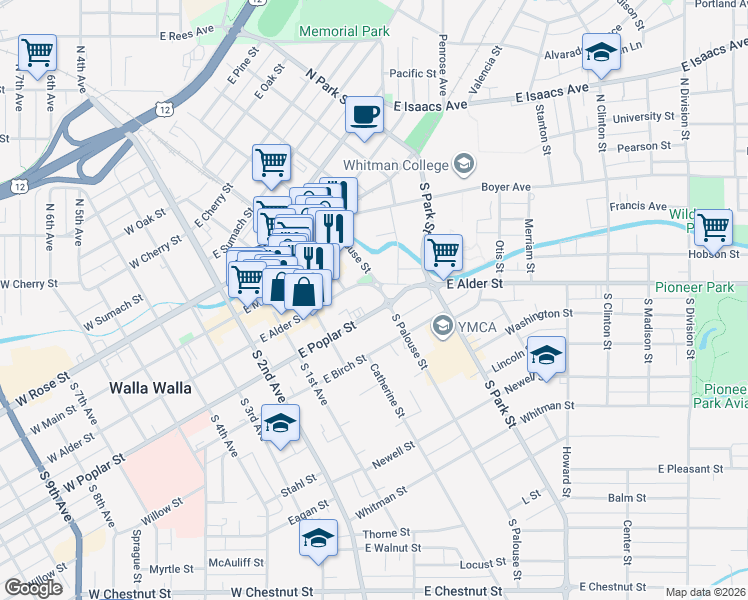 map of restaurants, bars, coffee shops, grocery stores, and more near 265 East Poplar Street in Walla Walla