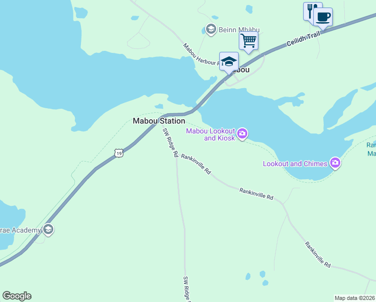 map of restaurants, bars, coffee shops, grocery stores, and more near 38 Southwest Ridge Road in Mabou