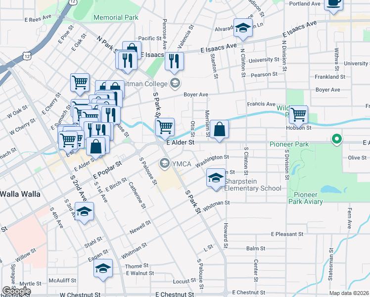 map of restaurants, bars, coffee shops, grocery stores, and more near 333 Grove Street in Walla Walla