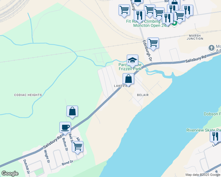 map of restaurants, bars, coffee shops, grocery stores, and more near 10 Midway Drive in Moncton