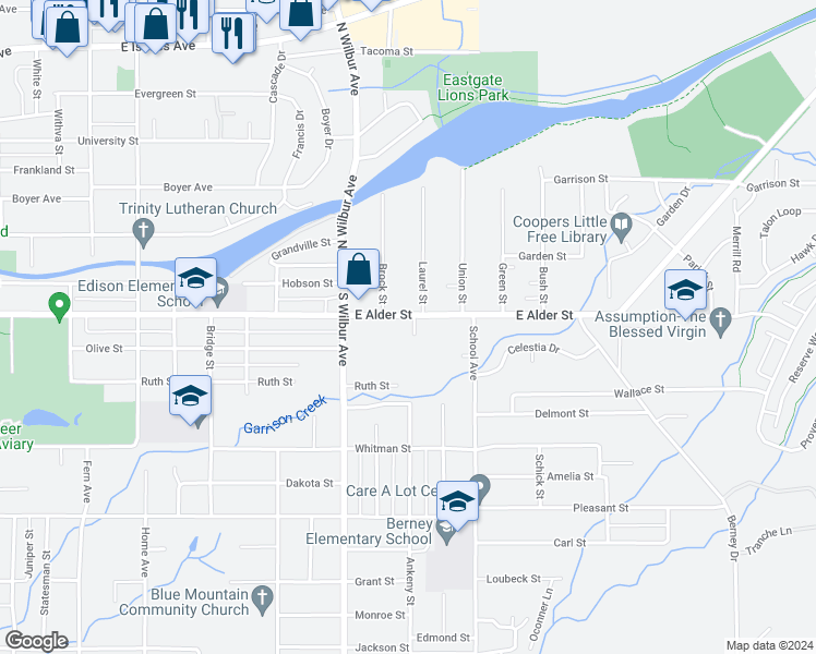 map of restaurants, bars, coffee shops, grocery stores, and more near 345 Kathleen Place in Walla Walla