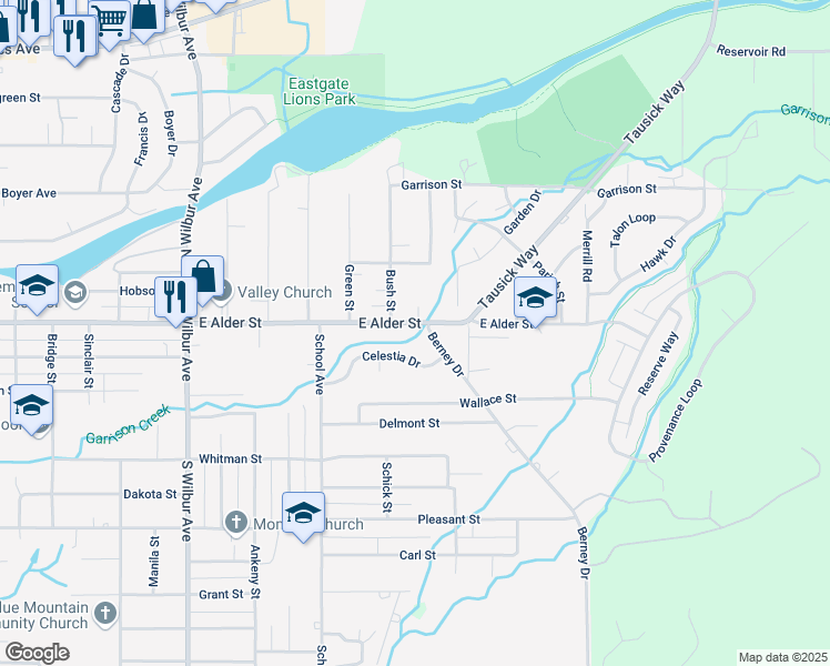 map of restaurants, bars, coffee shops, grocery stores, and more near 1924 East Alder Street in Walla Walla
