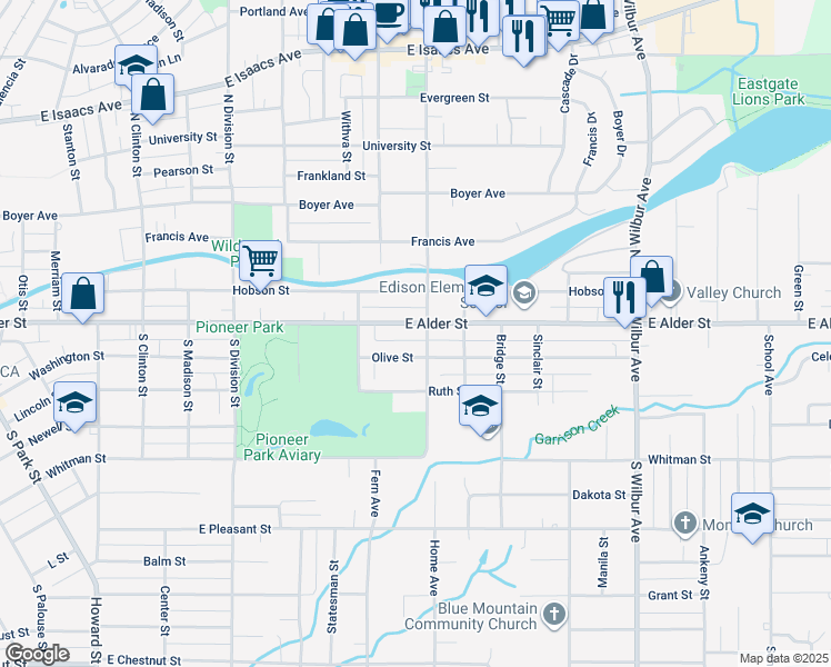 map of restaurants, bars, coffee shops, grocery stores, and more near 307 South Roosevelt Street in Walla Walla