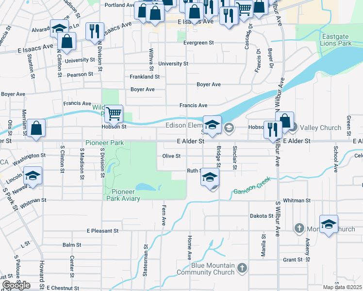 map of restaurants, bars, coffee shops, grocery stores, and more near 307 South Roosevelt Street in Walla Walla