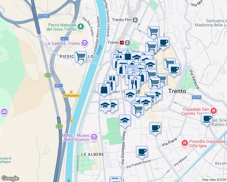 map of restaurants, bars, coffee shops, grocery stores, and more near 5 Via Giovanni Zanella in Trento
