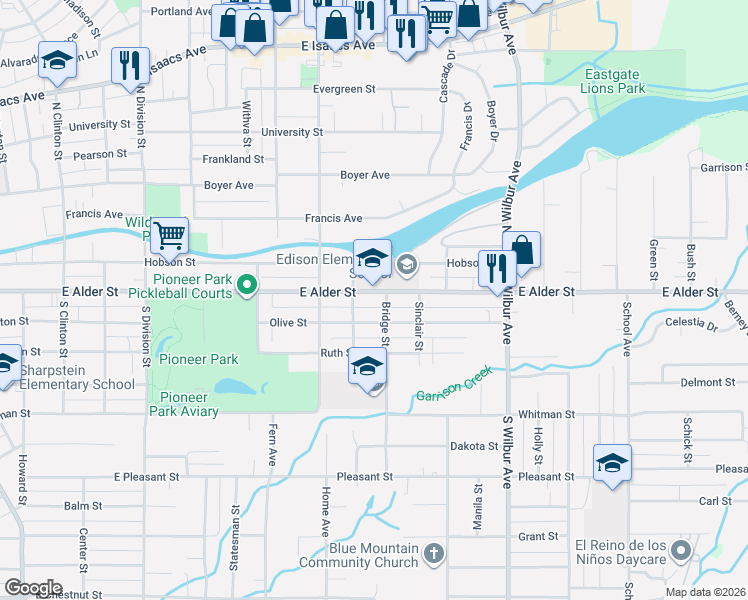 map of restaurants, bars, coffee shops, grocery stores, and more near 1315 East Alder Street in Walla Walla