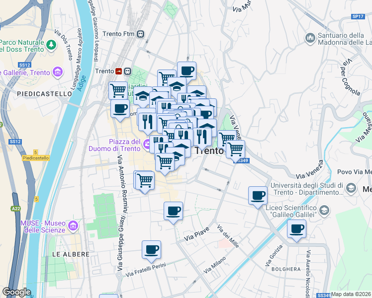 map of restaurants, bars, coffee shops, grocery stores, and more near 5 Via Carlo Dordi in Trento