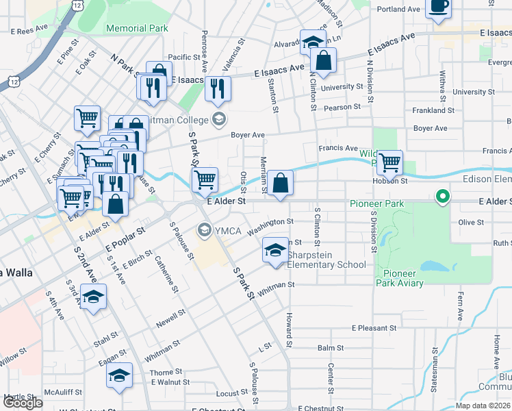 map of restaurants, bars, coffee shops, grocery stores, and more near 531 East Alder Street in Walla Walla