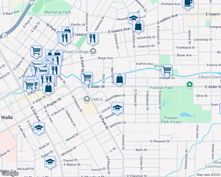 map of restaurants, bars, coffee shops, grocery stores, and more near 532 East Alder Street in Walla Walla