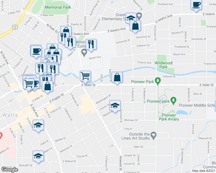 map of restaurants, bars, coffee shops, grocery stores, and more near 531 East Alder Street in Walla Walla