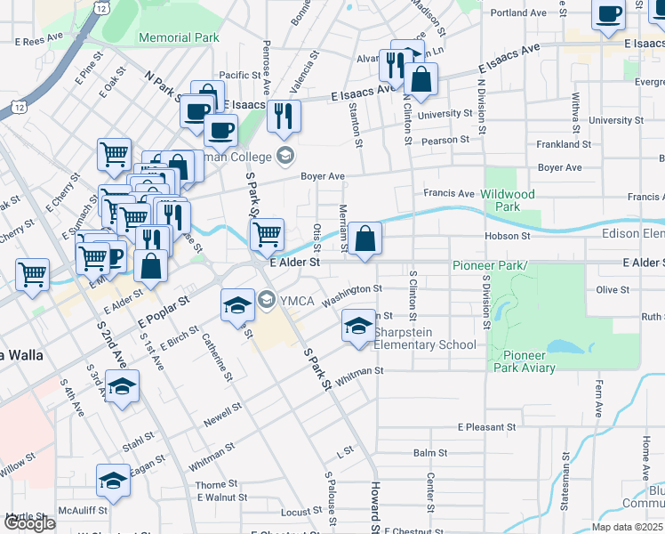 map of restaurants, bars, coffee shops, grocery stores, and more near 531 East Alder Street in Walla Walla