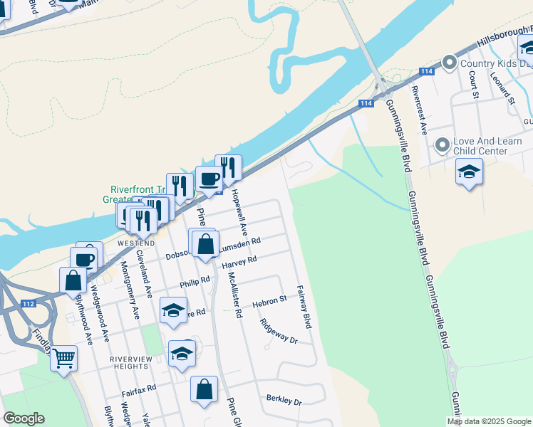 map of restaurants, bars, coffee shops, grocery stores, and more near 210 Government Road in Riverview