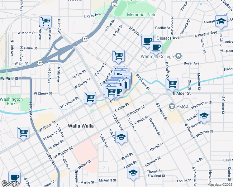 map of restaurants, bars, coffee shops, grocery stores, and more near 70 North Colville Street in Walla Walla