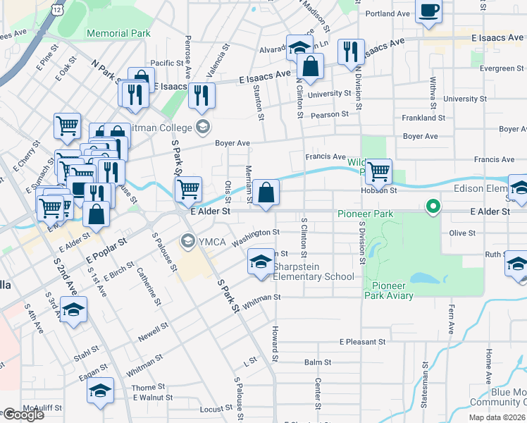 map of restaurants, bars, coffee shops, grocery stores, and more near 614 East Alder Street in Walla Walla