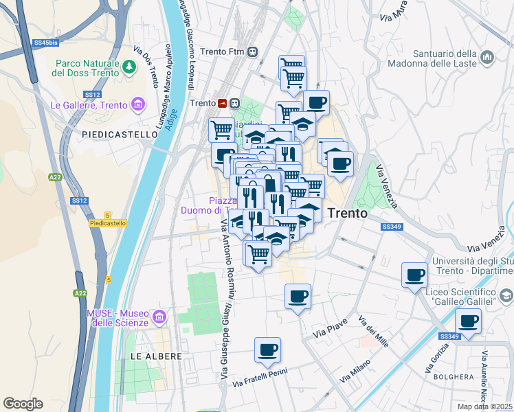 map of restaurants, bars, coffee shops, grocery stores, and more near 40 Piazza del Duomo in Trento