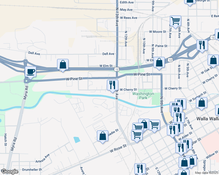 map of restaurants, bars, coffee shops, grocery stores, and more near 1116 West Cherry Street in Walla Walla