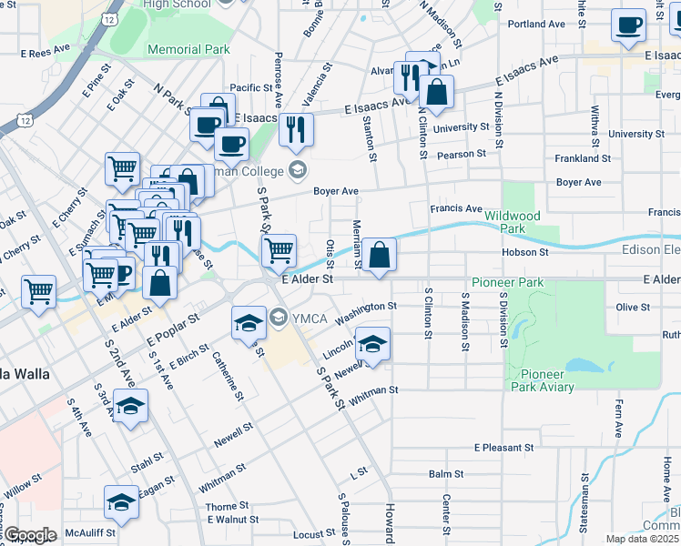 map of restaurants, bars, coffee shops, grocery stores, and more near 531 East Alder Street in Walla Walla