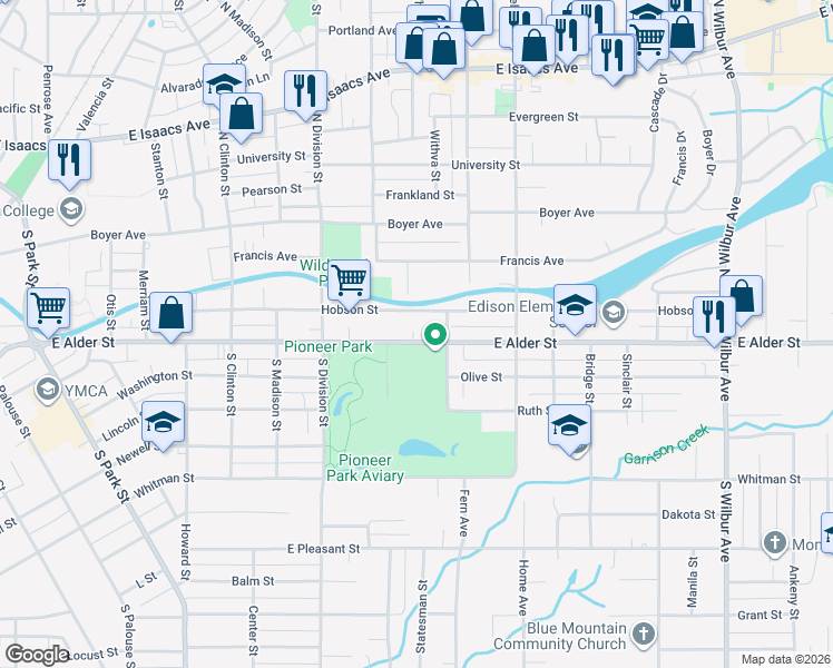 map of restaurants, bars, coffee shops, grocery stores, and more near 1033 East Alder Street in Walla Walla