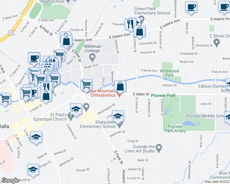 map of restaurants, bars, coffee shops, grocery stores, and more near 601 East Alder Street in Walla Walla