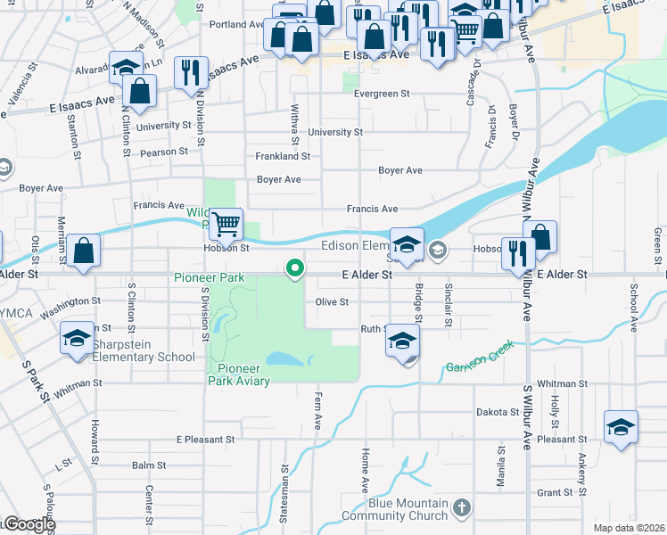 map of restaurants, bars, coffee shops, grocery stores, and more near 1133 East Alder Street in Walla Walla