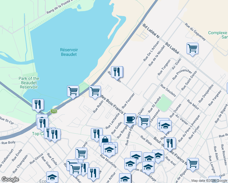 map of restaurants, bars, coffee shops, grocery stores, and more near 430 Rue Cantin in Victoriaville