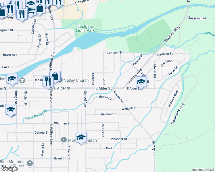 map of restaurants, bars, coffee shops, grocery stores, and more near 1911 East Alder Street in Walla Walla