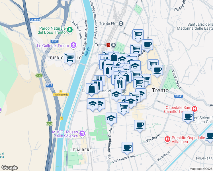 map of restaurants, bars, coffee shops, grocery stores, and more near 5 Via Giovanni Zanella in Trento