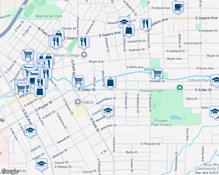 map of restaurants, bars, coffee shops, grocery stores, and more near 609 East Alder Street in Walla Walla