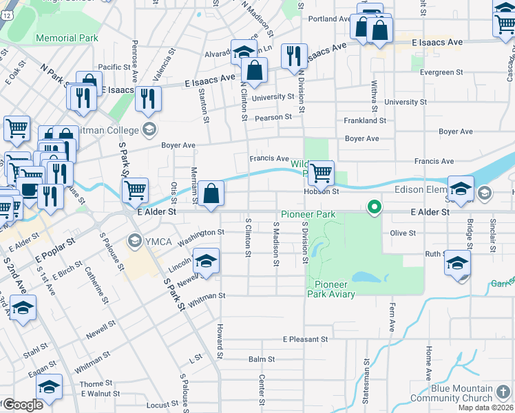 map of restaurants, bars, coffee shops, grocery stores, and more near 809 East Alder Street in Walla Walla