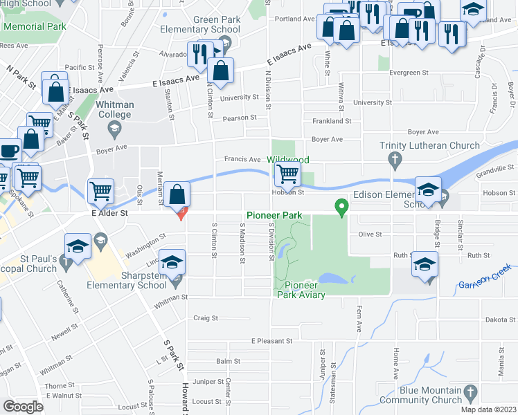 map of restaurants, bars, coffee shops, grocery stores, and more near 919 East Alder Street in Walla Walla