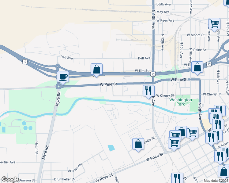 map of restaurants, bars, coffee shops, grocery stores, and more near 716 Irene Street in Walla Walla