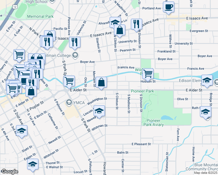map of restaurants, bars, coffee shops, grocery stores, and more near 709 East Alder Street in Walla Walla