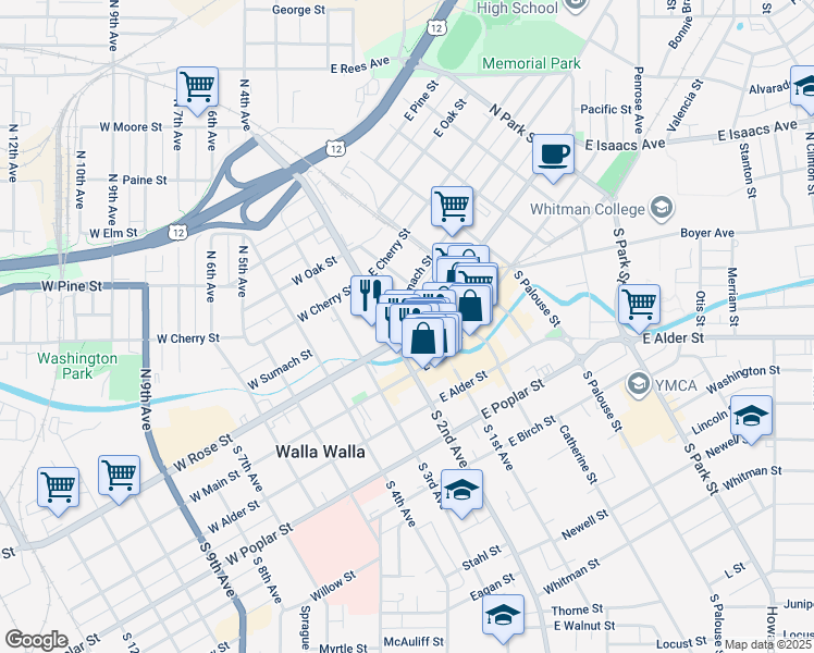 map of restaurants, bars, coffee shops, grocery stores, and more near 19 East Rose Street in Walla Walla
