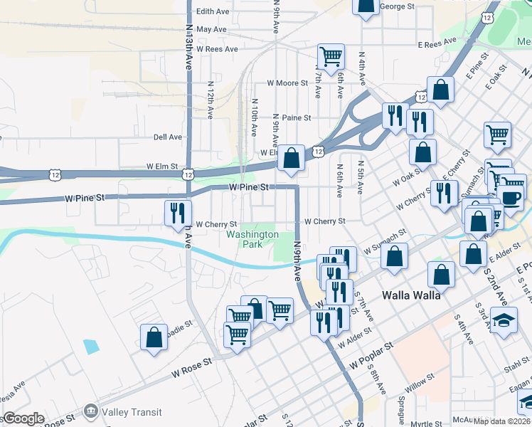 map of restaurants, bars, coffee shops, grocery stores, and more near 517 Cayuse Street in Walla Walla