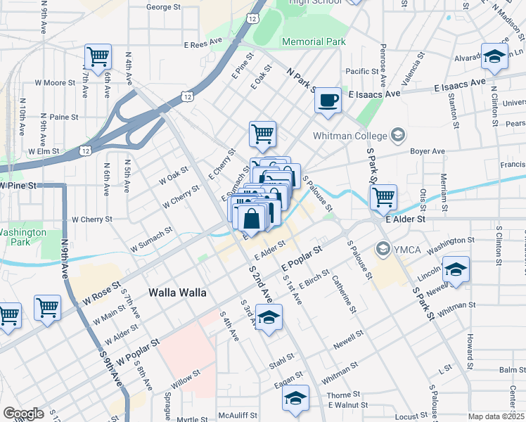 map of restaurants, bars, coffee shops, grocery stores, and more near 5 North Colville Street in Walla Walla